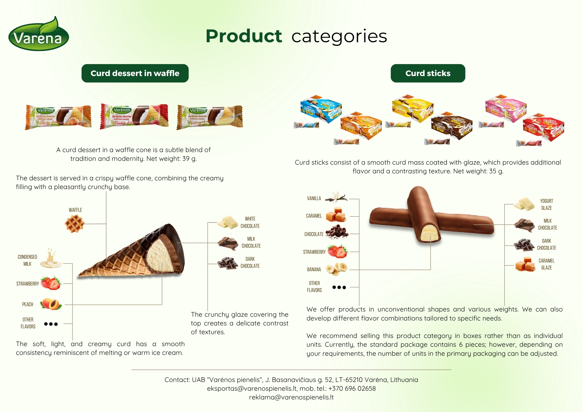 Varėnos pienelis produktų kategorijos: varškės desertai vafliniuose rageliuose ir glaistytos varškės lazdelės / Product categories: curd desserts in waffle cones and glazed curd sticks